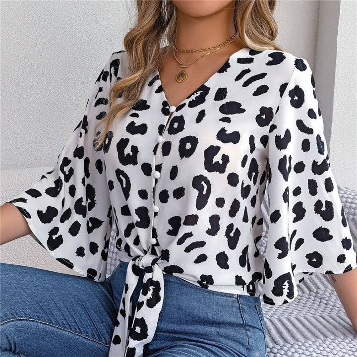 UZ Wholesale Store – wholesale Blus - Dam – Leopardmönstrad skjorta med knytband i midjan och klockärmar