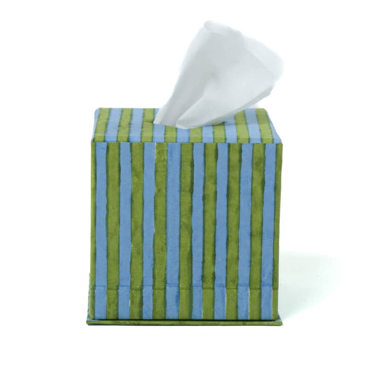 Inner Child - Wholesale Tissue Box - Tissue Box Cover in Green and Blue Stripes Blockprint2