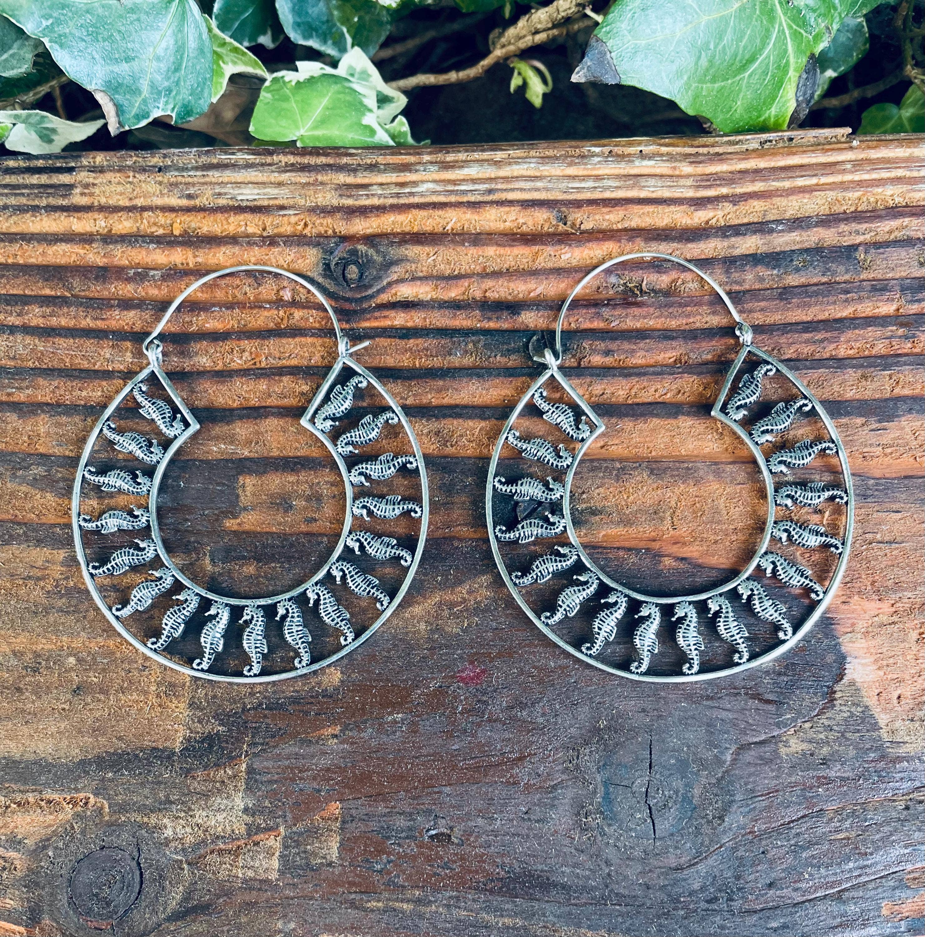 Kaali Boutique – wholesale Hoop earrings – Silver Sea Horse Earrings Extra Large Hoops / Lightweight / Unique Gift / Boho Jewellery / Ethnic / Rustic / Festival / Gypsy / Hippie0