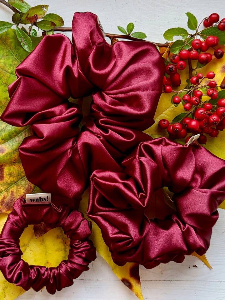 Bordeaux Satin Scrunchie for wholesale by What a bun!
