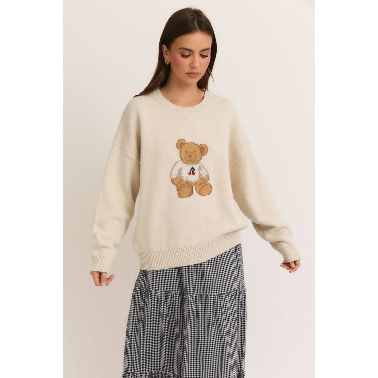 Apolline - Wholesale Knitted jumper – Women′s - Long Sleeve Crew Neck Sweater with Teddy Bear and Cherry Pri5