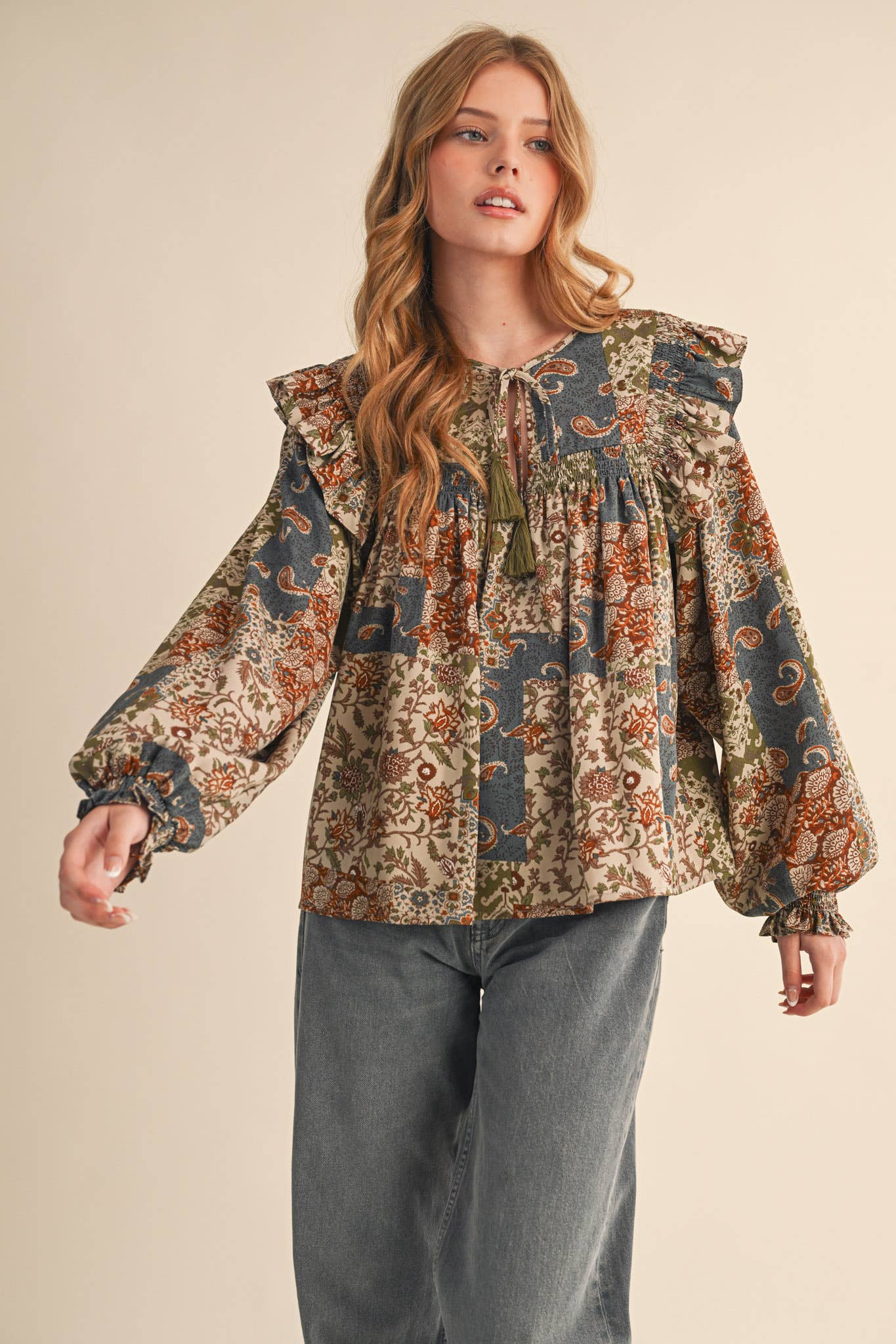 &MERCI - Wholesale Blouse - Women's - PATCHWORK PRINT SMOCKED RUFFLE BLOUSE MTP435022