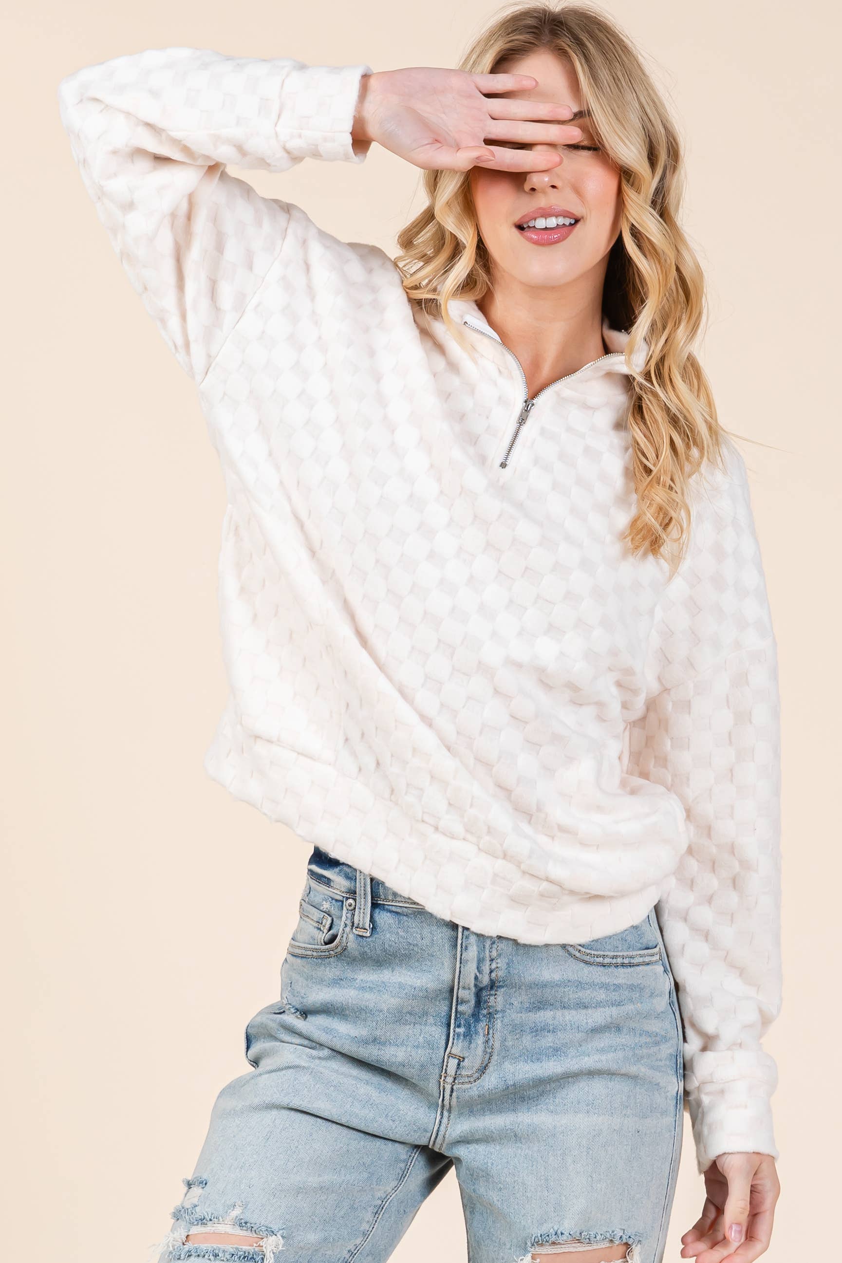 BOMBOM - Wholesale Sweatshirt - Women's - TL1997 FUZZY CHECKERED 1/4 ZIP TOP 1