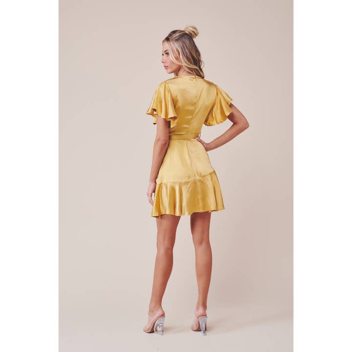 MUSTARD SATIN SHORT FLUTTER SLEEVED FAUX WRAP MINI DRESS for wholesale on Faire