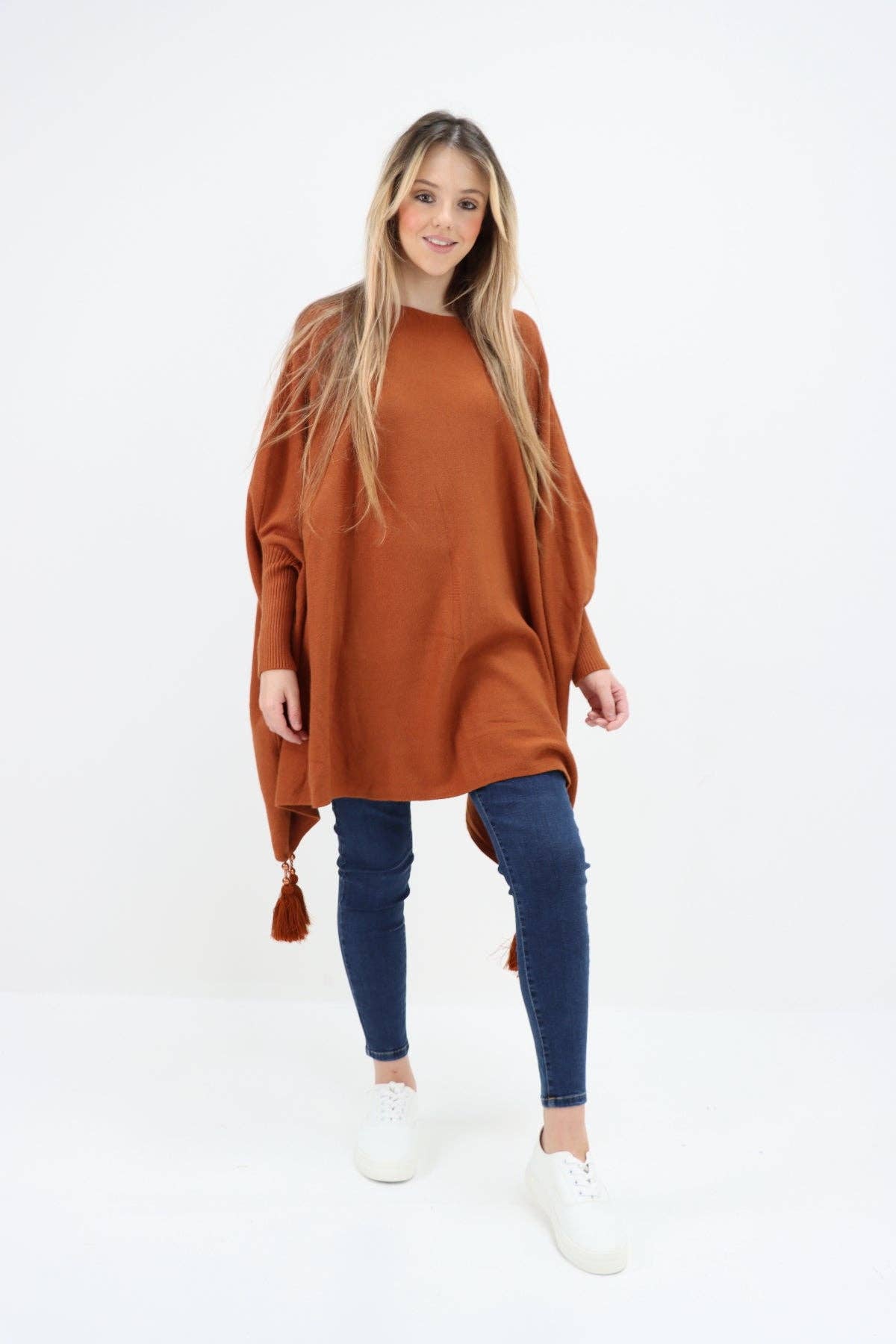 Miss Bold - Wholesale Poncho - Women's - Italian Plain Batwing Sleeves Tassels Tunic Poncho40