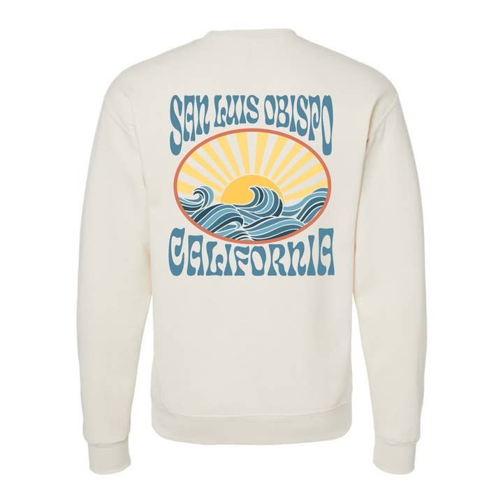 SLO Sun Rays Blue Letters Crewneck for wholesale by Pippa & Ky