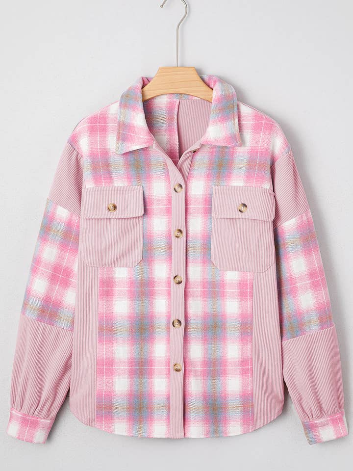 Sophia Corduroy Flap Patchwork Shacket for wholesale by Poppy Lee Lane