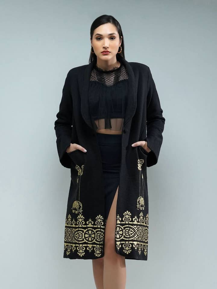 Nesavaali Black Metallic Artisanal Long Coat for wholesale by Nesavaali Ltd