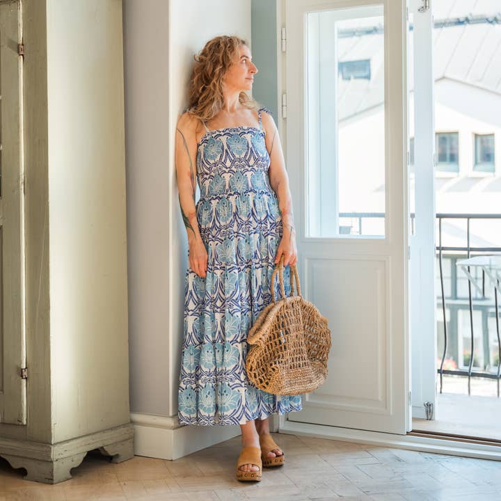 NEW PRINTS! Handmade Floral Print Smocked Halter Maxi Dress for wholesale by Nest Factory