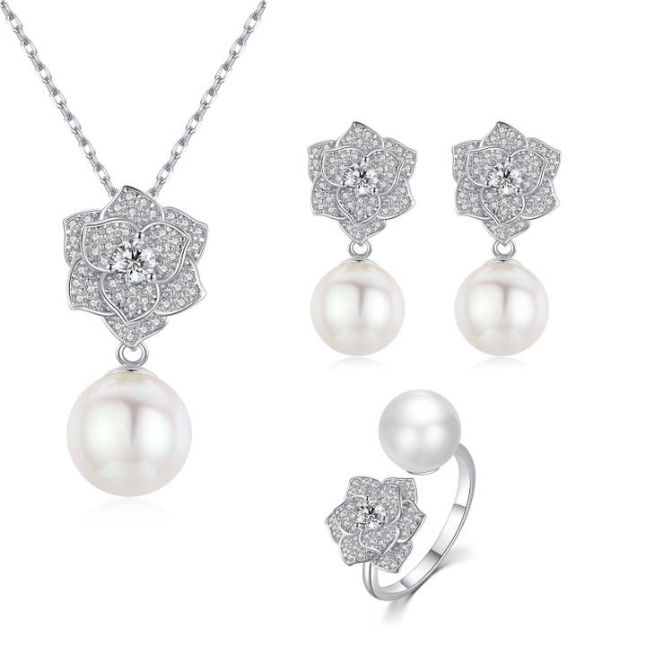 Blooming Rose Pearl Earrings & Necklace & Ring Set for wholesale by Timeless Pearl