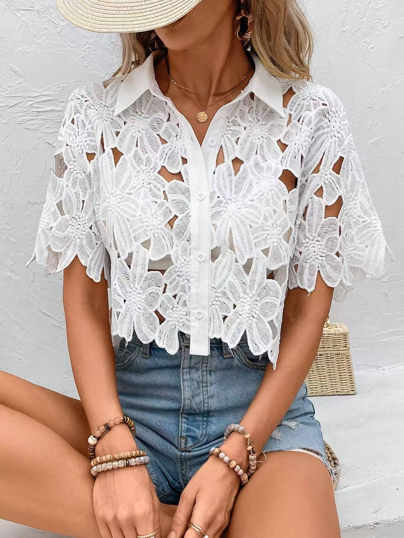 White Cut-Out Cropped Lace Shirt for wholesale on Faire0