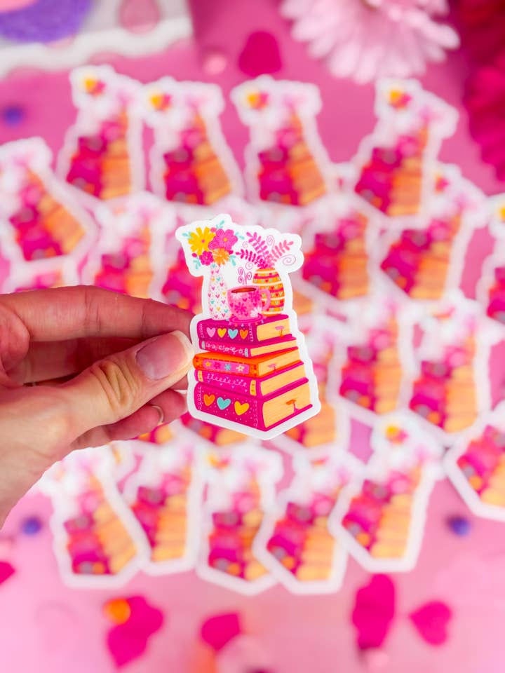 Romance Book Stack Vinyl Sticker for wholesale by Emily Cromwell Designs