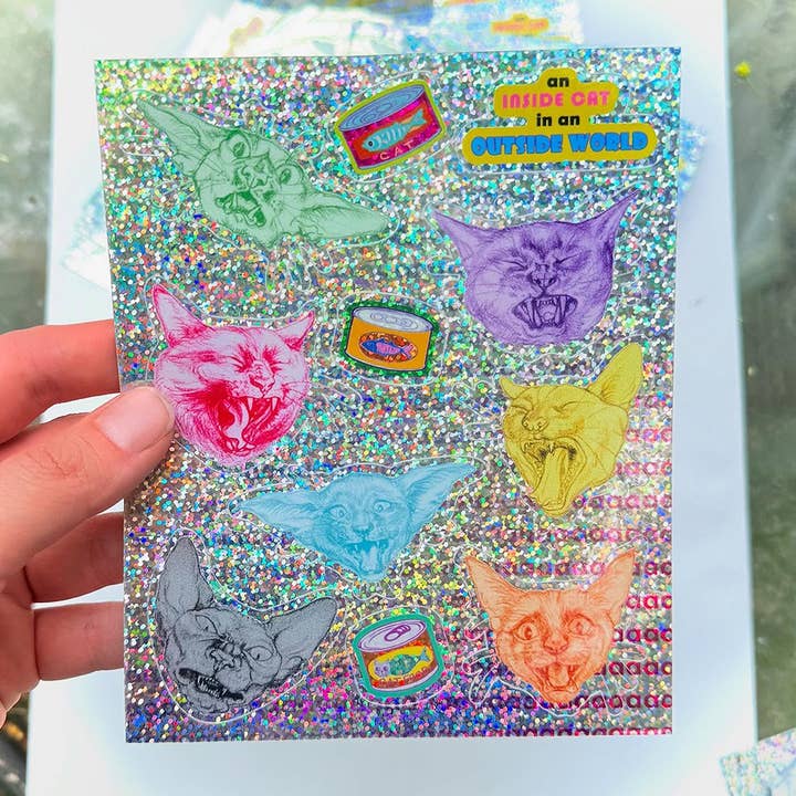Inside Aaaa Cats Illustrated Silly Holographic Sticker Sheet for wholesale by Asunder Bazaar