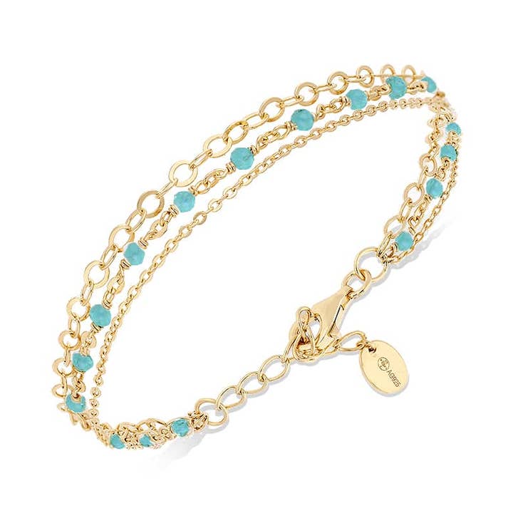 Vergoldetes silbernes dreifaches Kettenarmband mit kleinen türkisfarbenen Perlen für den Großhandel von ORUS BIJOUX