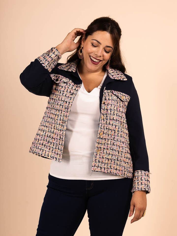 Giacca blu navy con collo camicia e dettagli in tweed per la vendita all'ingrosso da parte di You Udress