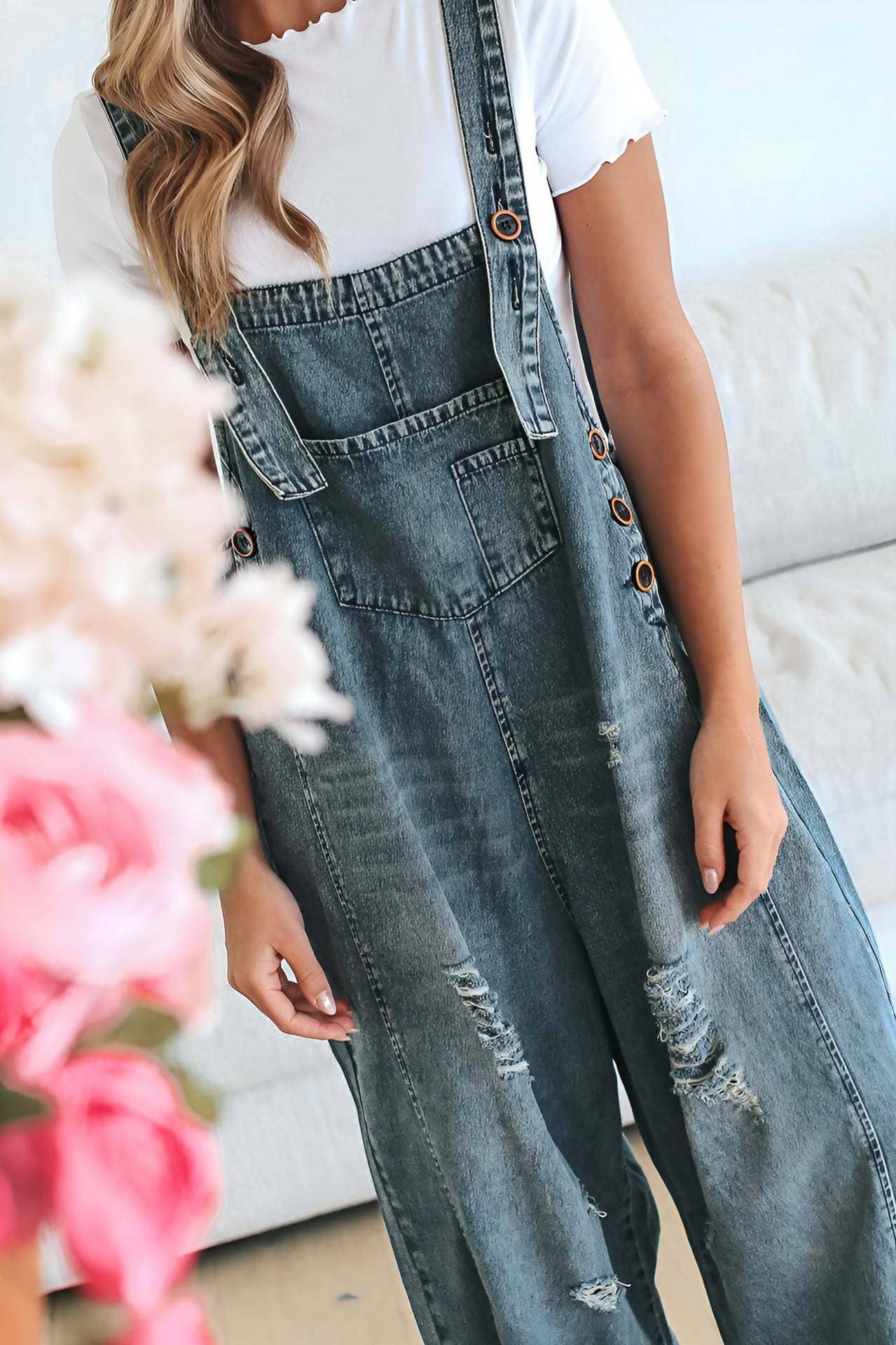 EmberLoom – Engroshandel Overalls - Dame – Kvinders bredbenede buksedragt med slidte detaljer denim overalls9