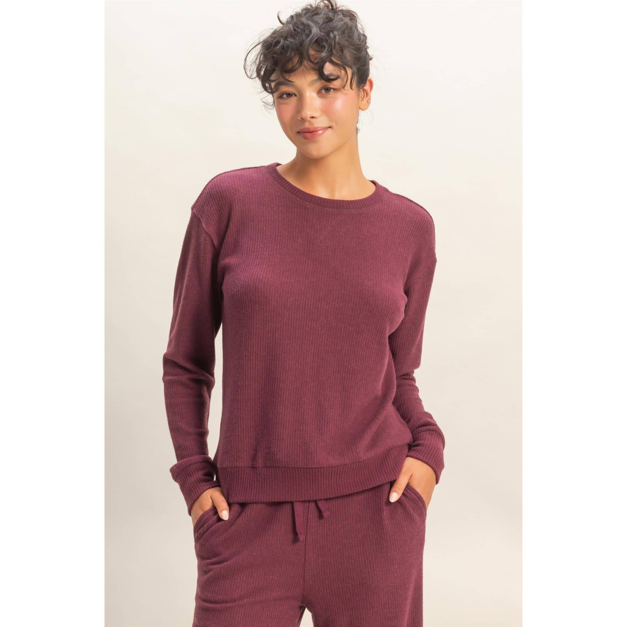 Double Zero - Wholesale Knit Top - Women's - Brushed Waffle Crew Neck Long Sleeve Top8