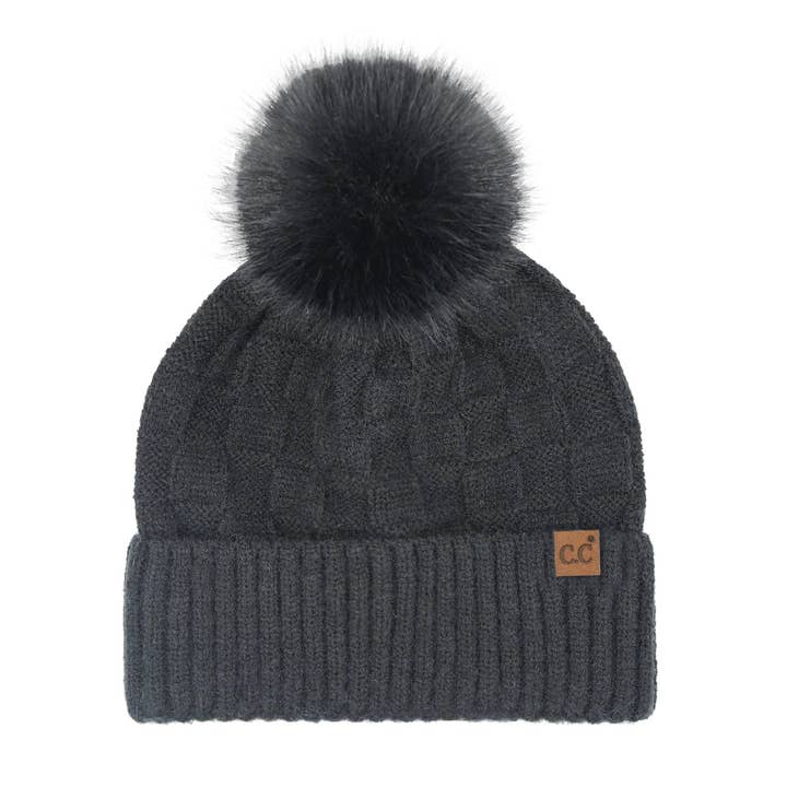 C.C Beanie - Wholesale Beanie - Women's - Woven Checkered Texture Pom C.C Beanie HTC0094
