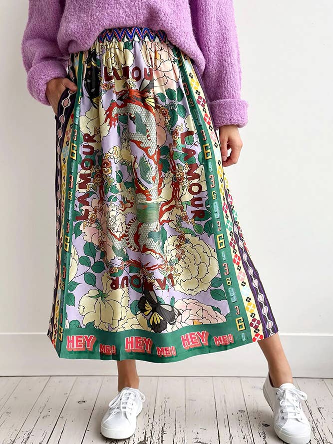 UNISHE - Wholesale Top & Skirt Set - Women's - Flower Dragon Print Button Up Shirt and Skirt Set JRM058