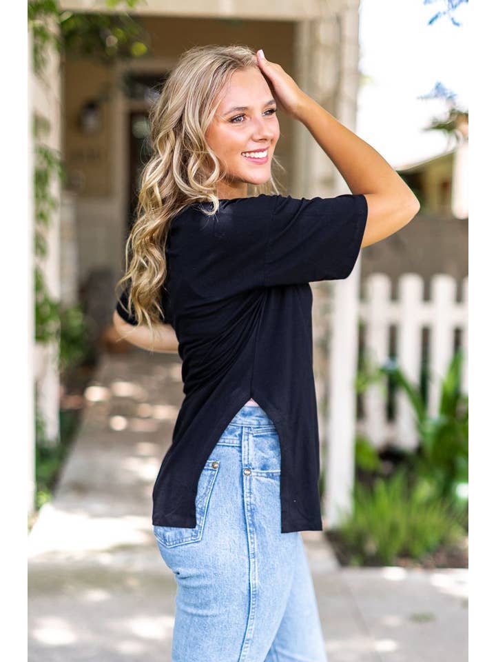 Sweet Side Oversized Tee with Slit in Black for wholesale on Faire2
