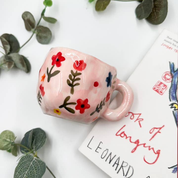Chow's Stories – wholesale Coffee mug – Pink flower ceramic mug and saucer, Folk hand painted mug4