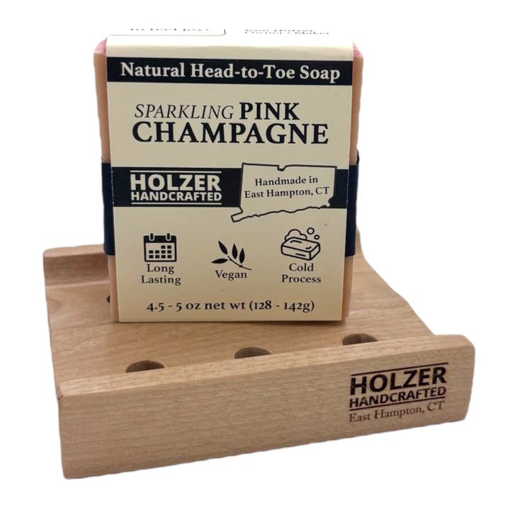 Soap + Soap Dish Gift Set - SPARKLING PINK CHAMPAGNE Handmade Soap Bar + Handcrafted Hardwood Soap Dish | Natural Cold Process, Vegan, 4.5 oz | Prosecco + Raspberries Scented Soap for wholesale by Holzer Handcrafted ®