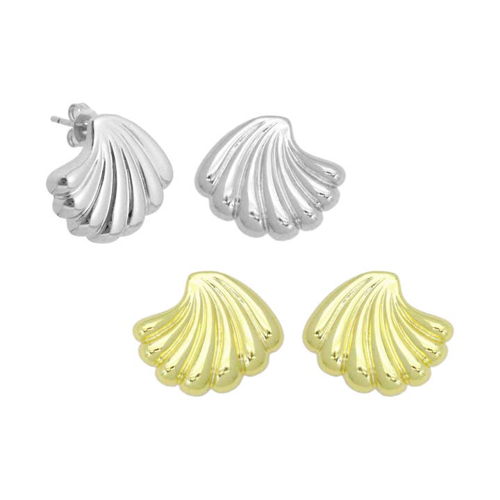 Brincos em forma de concha em prata dourada, Sku #A470 por atacado de BestBeads&Beyond