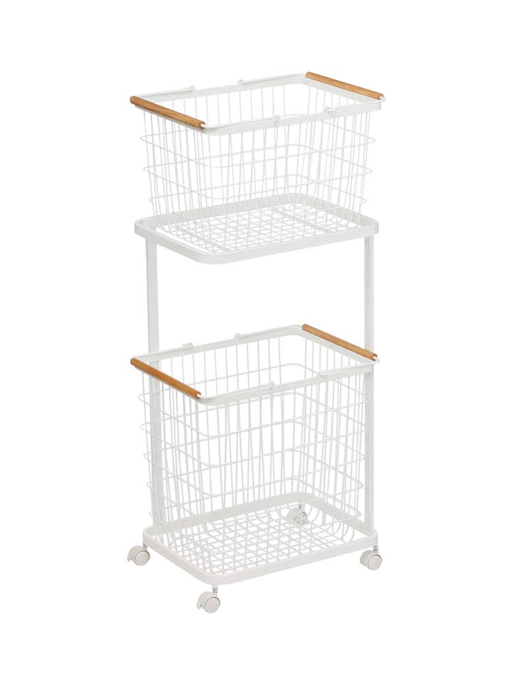 Chariot à linge roulant+paniers grillagés Tosca - acier+bois pour la vente par Yamazaki Home