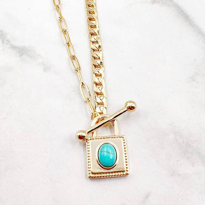 Treasure Jewels Inc. - Wholesale Pendant/Charm Necklace - Square Turquoise Gold Necklacd
