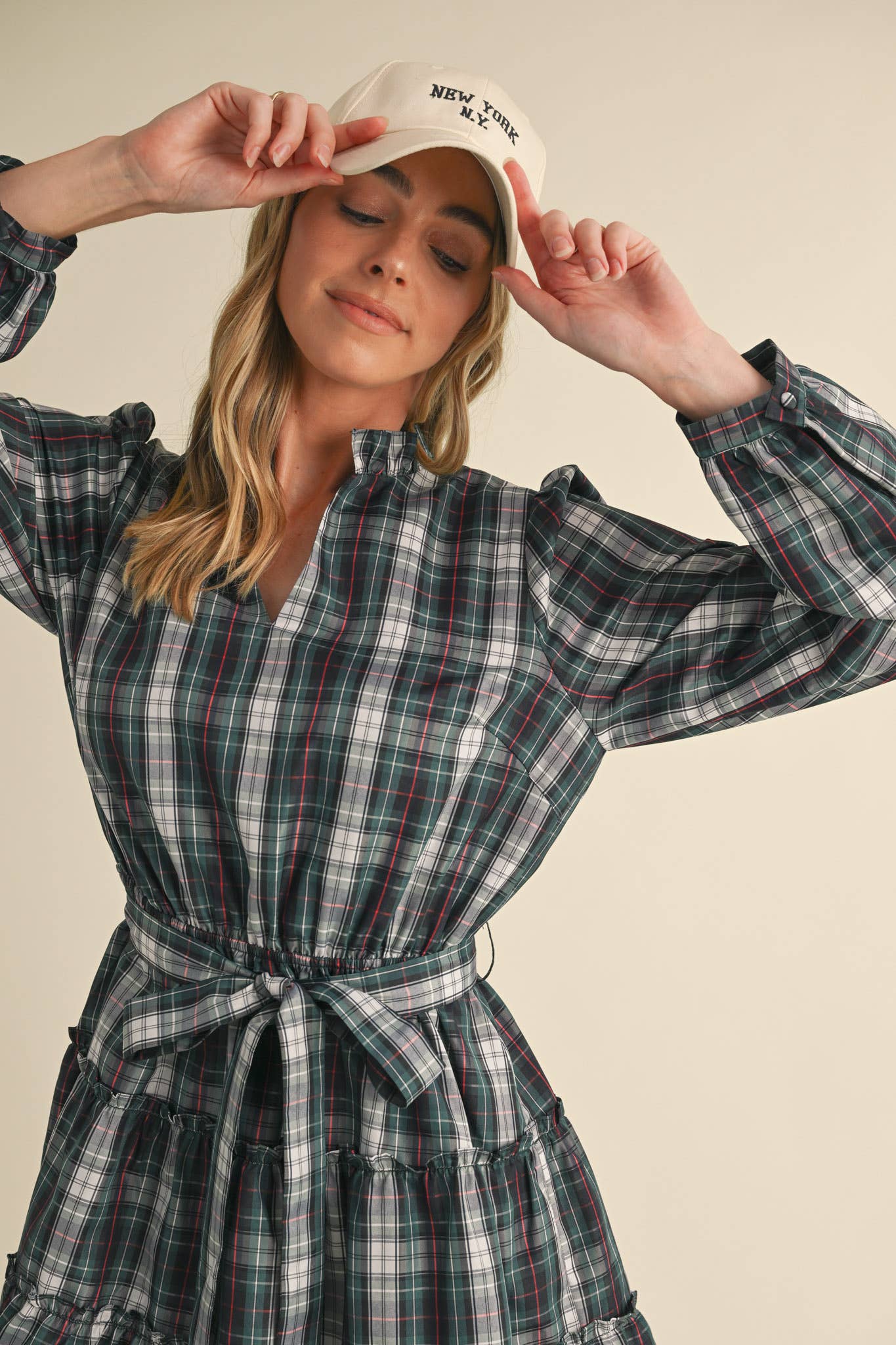 &MERCI - Wholesale Dress - Women's - PLAID MINI DRESS WITH TIERED RUFFLE TRIM MDR35389