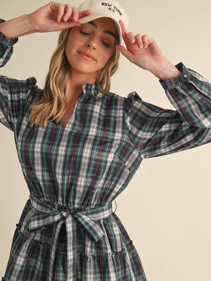 &MERCI - Wholesale Dress - Women's - PLAID MINI DRESS WITH TIERED RUFFLE TRIM MDR35389