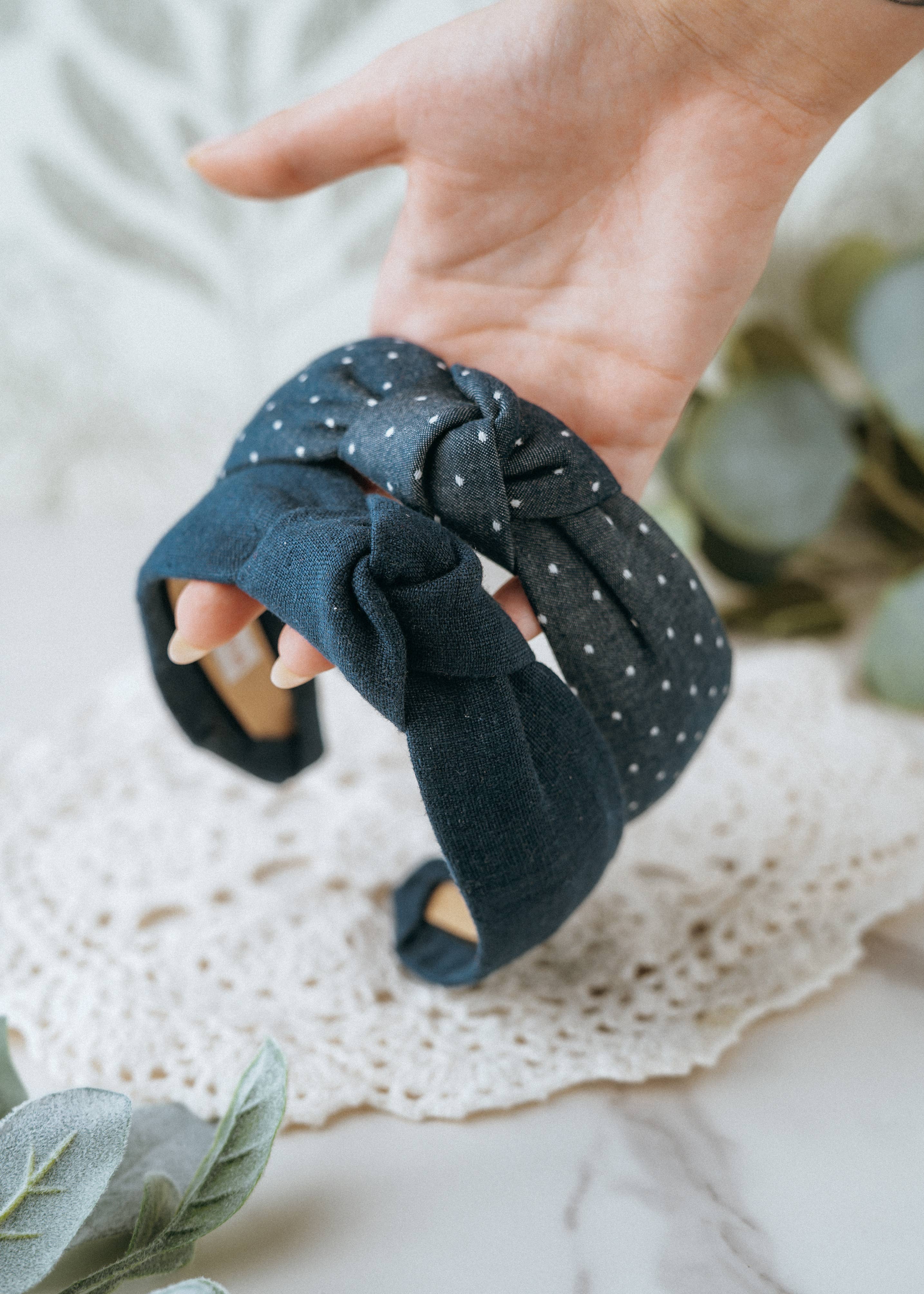 Maddie and Me Handmade - Wholesale Fashion Headband - Women's - Western Polka Dot Chambray Knot Headband | Navy Blue Indigo9