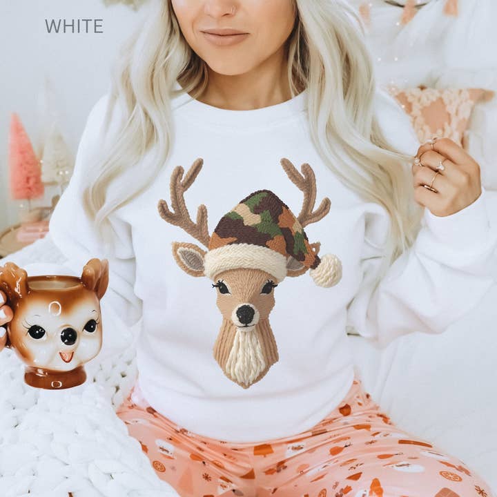 Faux Yarn Camo Christmas Deer Sweatshirt for wholesale by Flowing Sun