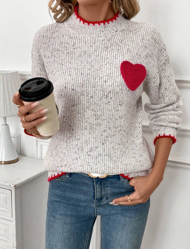 GREY Crew Neck Sweater with Heart Patch Design for wholesale on Faire2