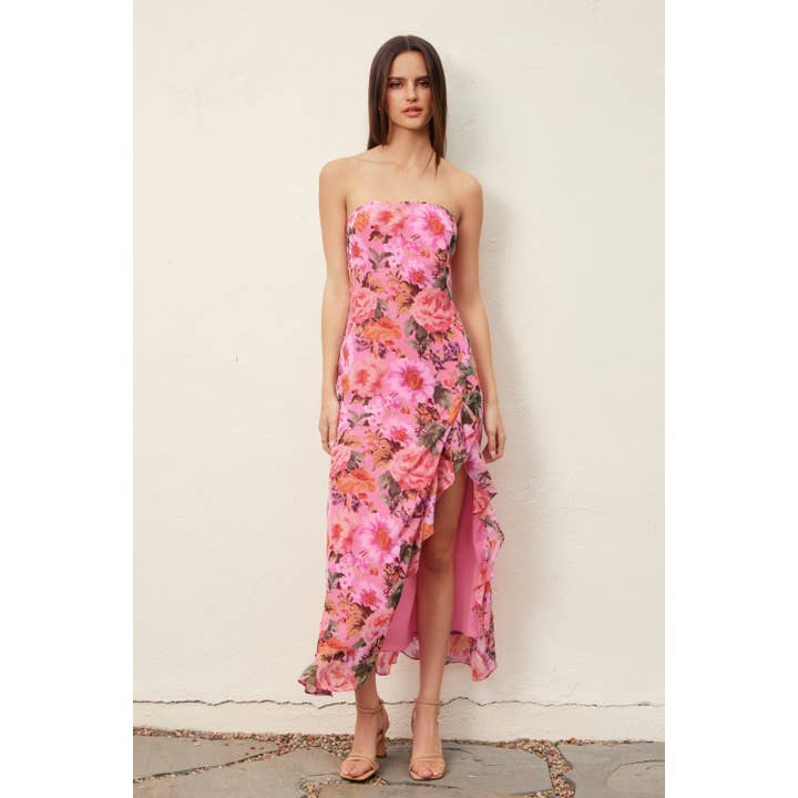 Garden Party Strapless Ruffled Slit Maxi Dress for wholesale by Dress Forum