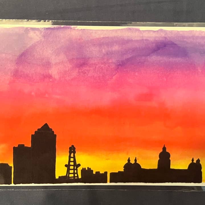 Des Moines Skyline 5x7 Watercolor and Acrylic Art Print for wholesale by The Jack Dabbler