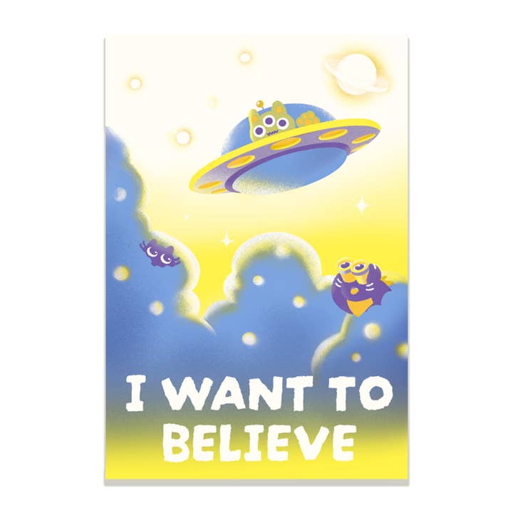 I Want to Believe Alien Cat Riso Print for wholesale by Maofriends