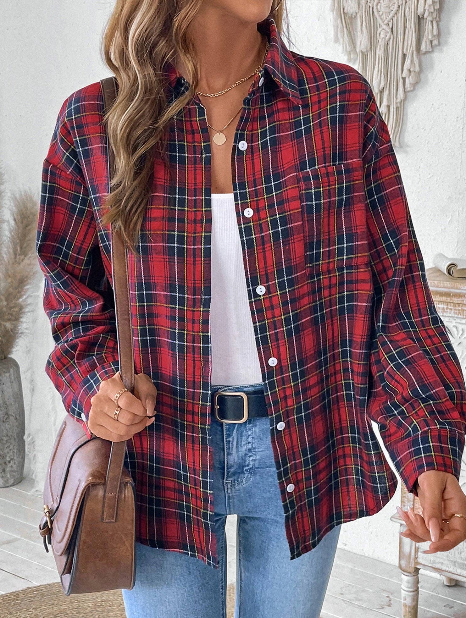Red Retro lapel long-sleeved plaid shirt for wholesale on Faire6