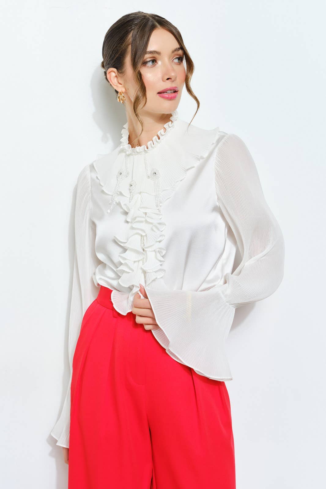 INA - Wholesale Blouse - Women's - Romantic Princess Pleated Satin Ruffled Blouse Top11