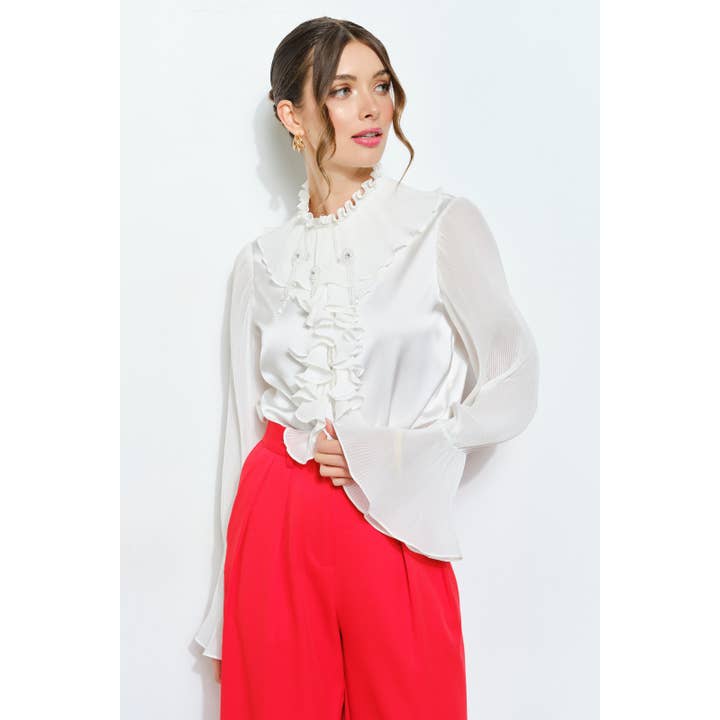 INA - Wholesale Blouse - Women's - Romantic Princess Pleated Satin Ruffled Blouse Top11