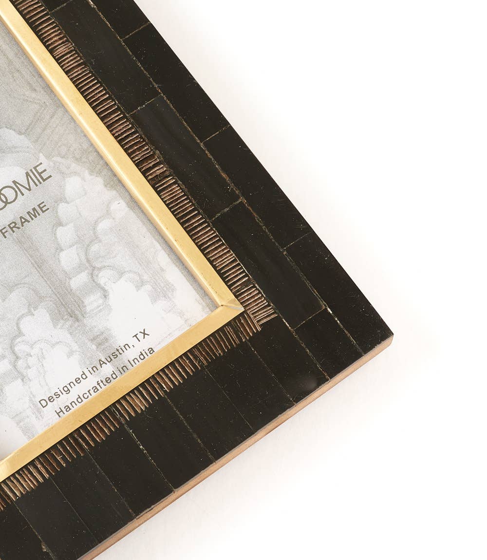 Matr Boomie Fair Trade - Wholesale Picture Frame - Andhera 4x6 Black Picture Frame - Carved Horn, Brass Inlay1