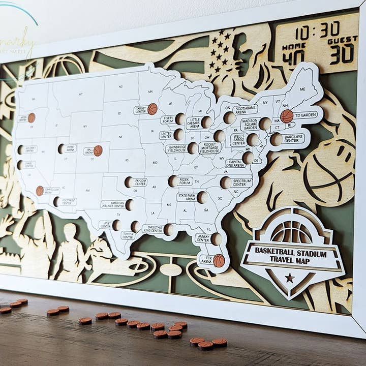 Basketball stadium map, pro basketball stadium tracker, NBA stadium travel map, gift for basketball lover, gift for men for wholesale by Roots & Routes Co