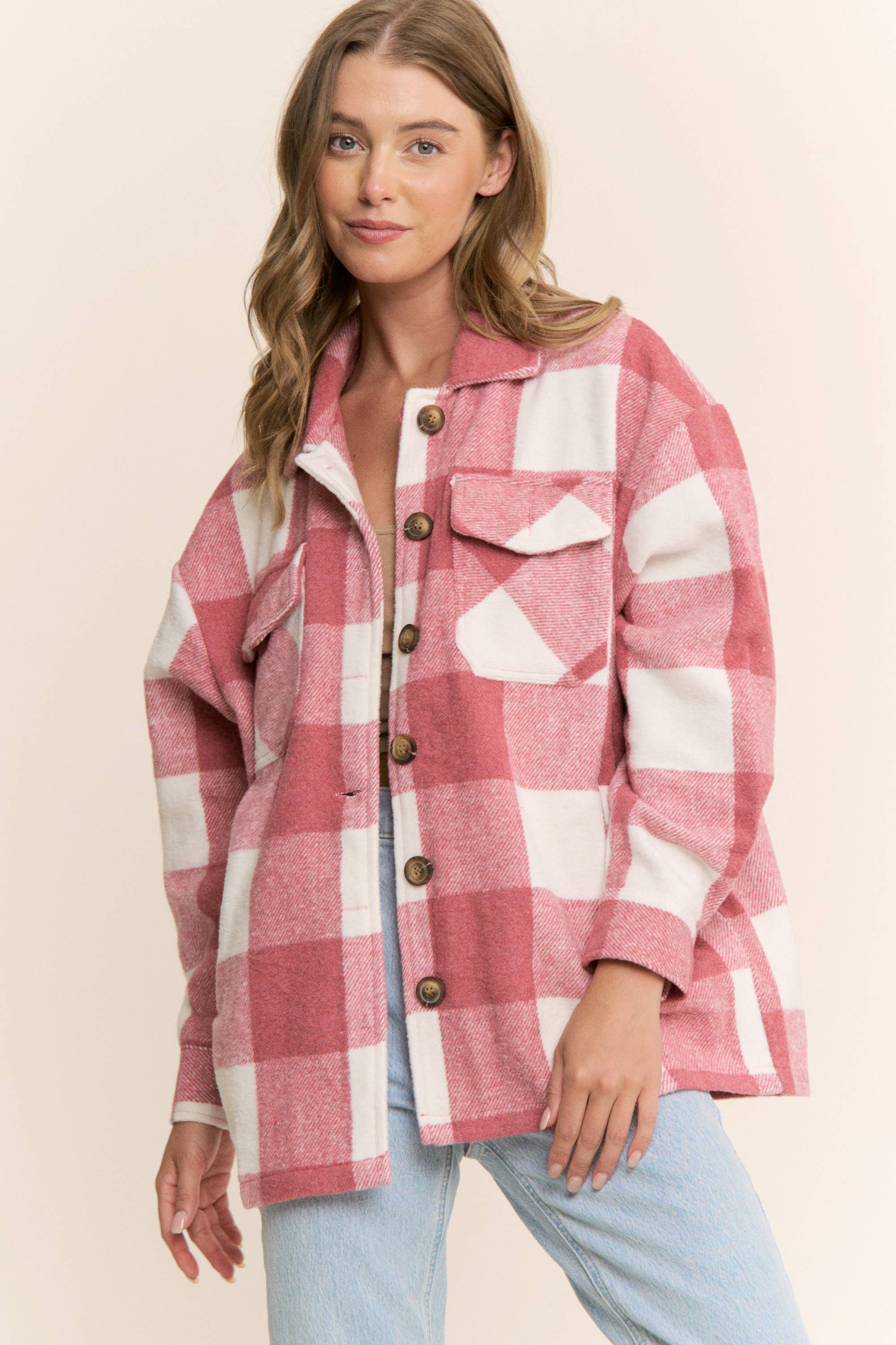 Sweet Generis - Wholesale Shirt Jacket/Shacket - Women's - FUZZY PLAID BUTTON DOWN FLANNEL SHIRT JACKET48