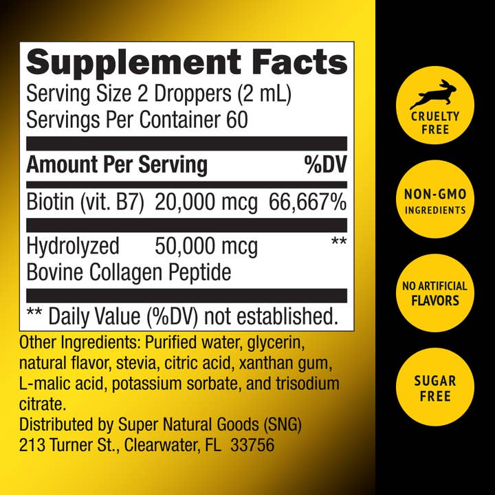Super Natural Goods - Wholesale Oral Supplement/Vitamin - Hair Growth Liquid Vitamins, Skin & Nails Biotin & Collagen