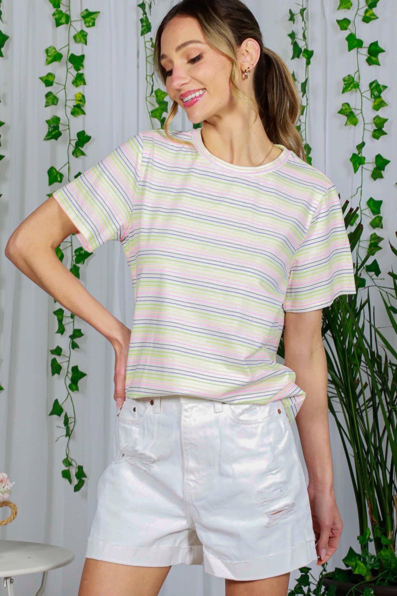 Vine & Love - Wholesale T-Shirt - Women's - Crew Neck Short-Sleeve Multi Striped Cotton Top VT81439A16