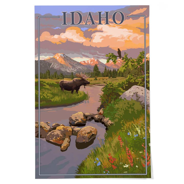 GICLEE PRINT Idaho, Moose & Mountain Stream at Sunset for wholesale by Lantern Press