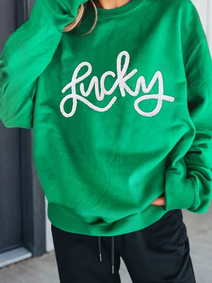 LAS LUCKY Chenille Embroidered Pullover Sweatshirt (S-XL) for wholesale by LA Society