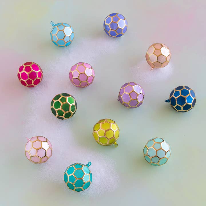 Satin Geometric Orn, 12 Asst, Glass, 4" for wholesale by Glitterville