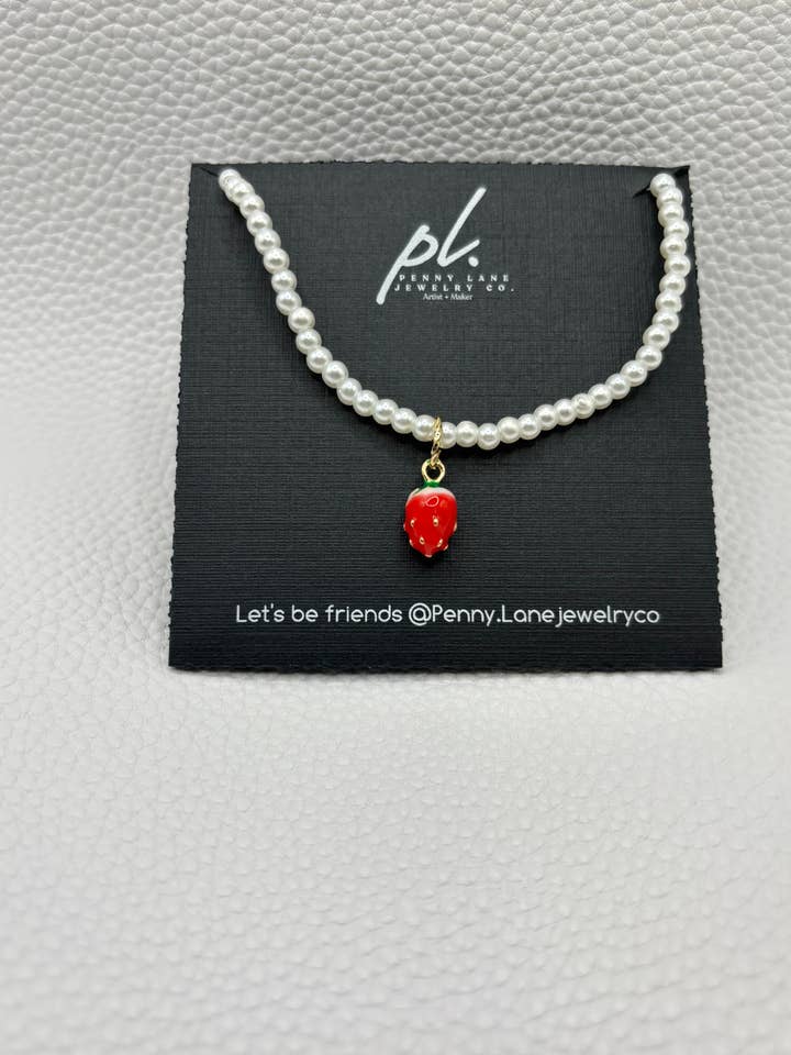 Brianne pearl and dainty strawberry necklace for wholesale by Penny Lane Jewelry Co