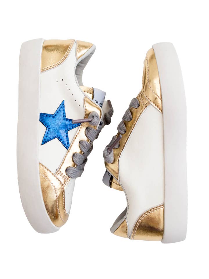 Baskets pour adultes Gold and Royal Blue Star (semelles blanches) pour la vente par Belle Cher